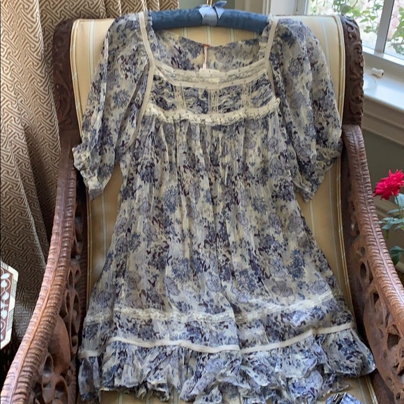 FREE PEOPLE MORE THAN A FEELING TUNIC/MINI DRESS BEAUTIFUL BLUES WITH CREAM S - Picture 3 of 12